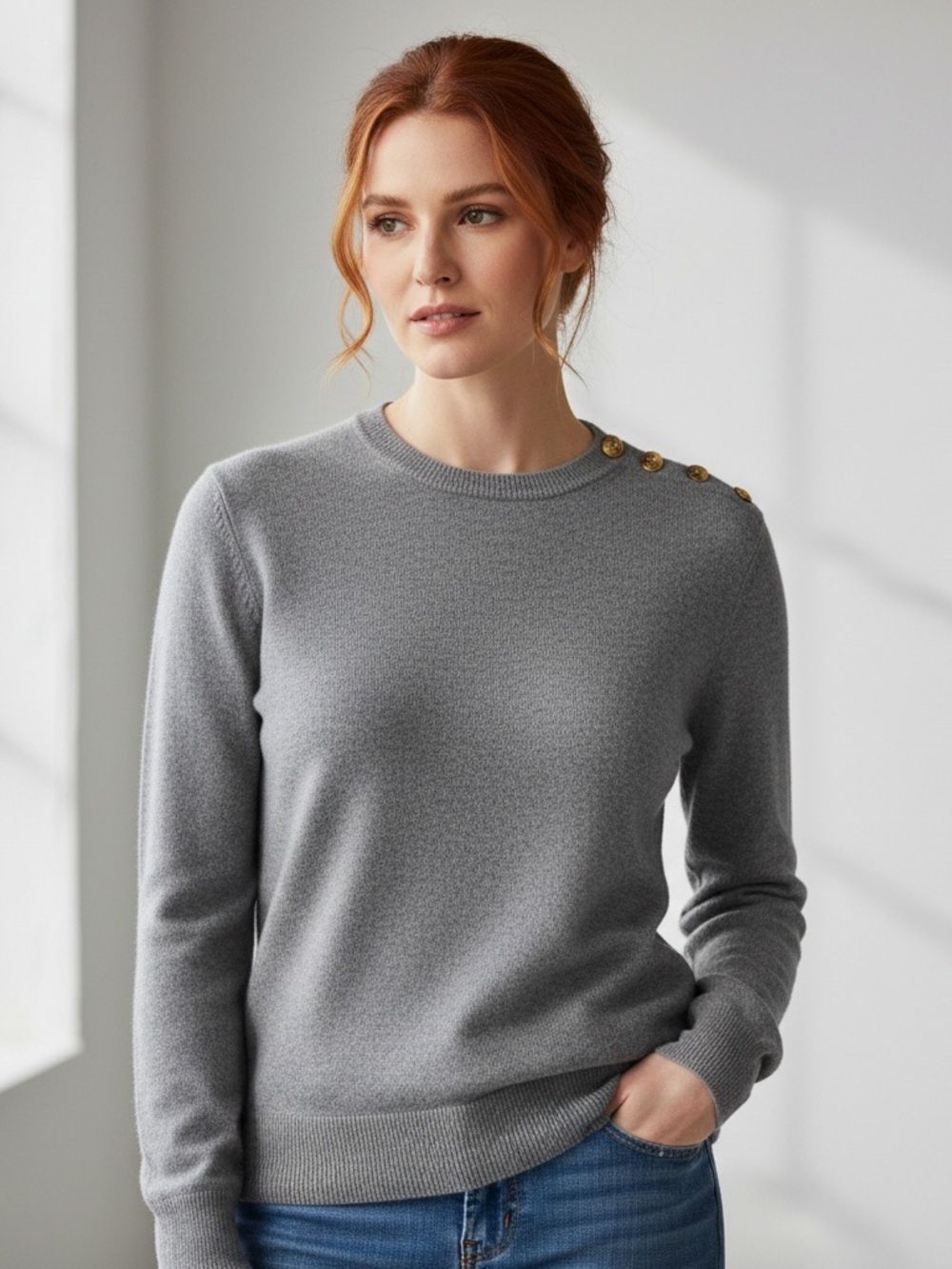 Vintage Lord & Taylor 100% Cashmere Gray Sweater Gold Shoulder Button Crewneck M